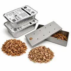OUTSET - Set de Caja Ahumadora Acero y 2 Cajas de Astillas para Ahumar Almendro y Nogal