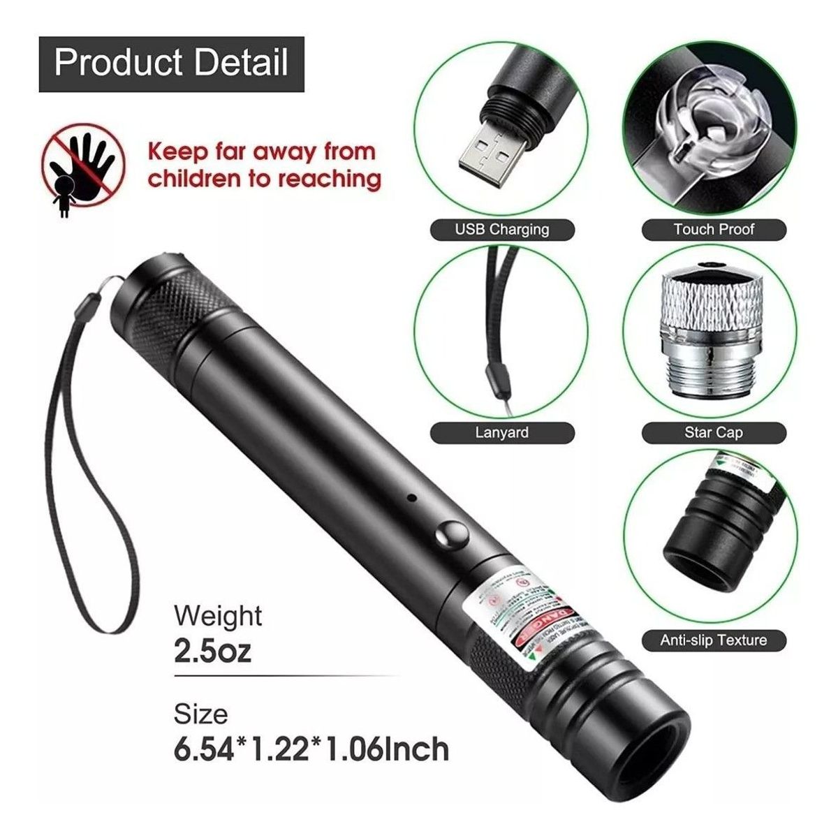 GENERICO - Puntero Laser Verde Astronómico Largo Alcance Recargable