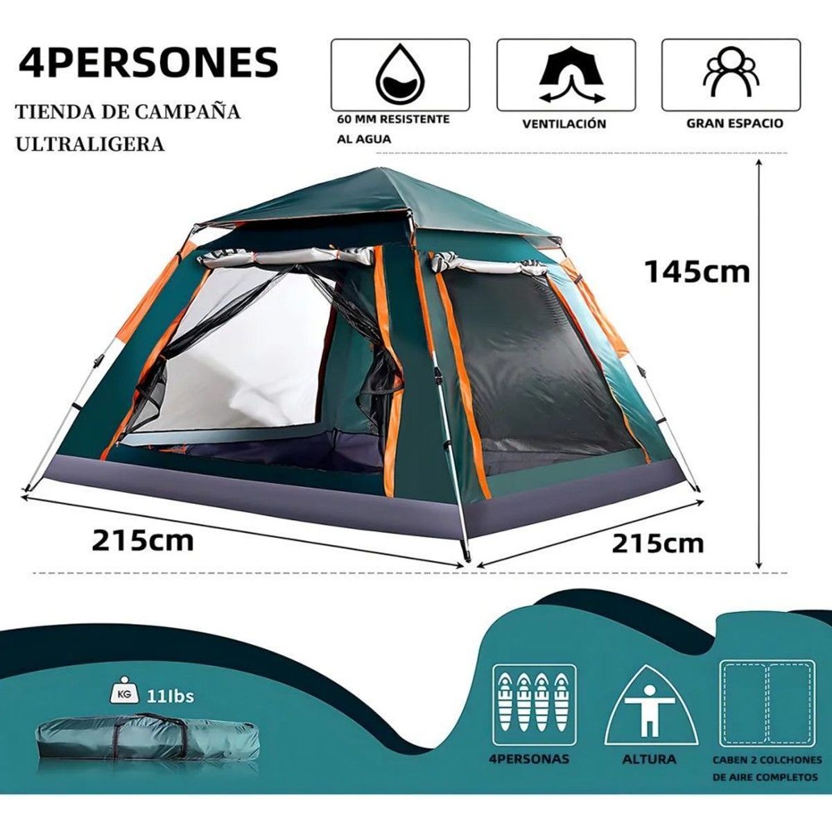 GENERICO - Carpa Camping Para 4 A 6 Personas De Color Verde Oxford 210d