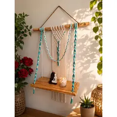 GENERICO - Repisa Colgante Boho Nube en Macramé y Madera Natural 1 metro Vertical