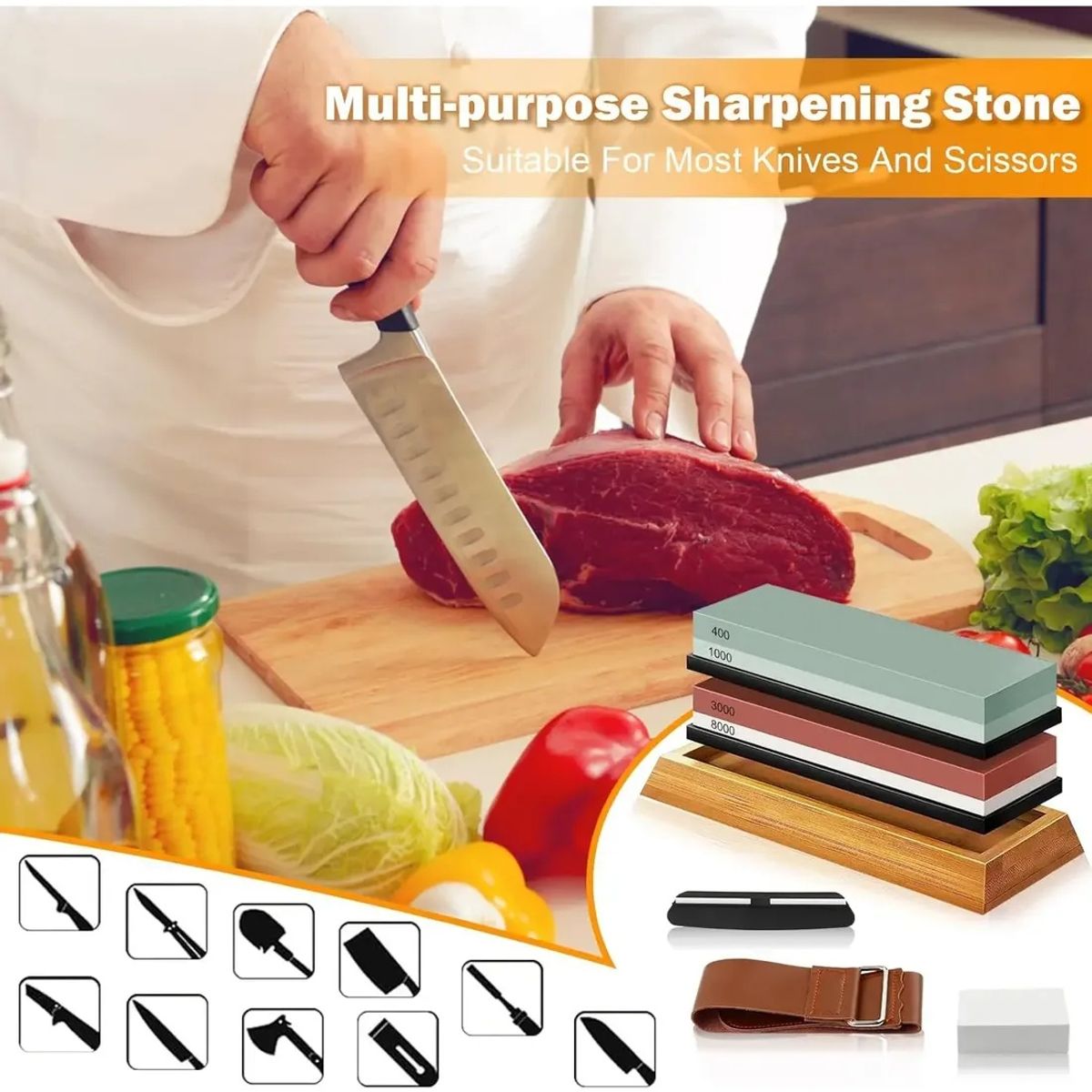 KUANGYE - Kit 8 En 1 Piedra Afilar Cuchillos Cocina Base Bambú +Set Piedras De Afilar 400 1000 3000 8000 +Guía