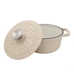 RHOMIE - Olla de Hierro Fundido Esmaltado 1.8L con Relieve Blanco Crema