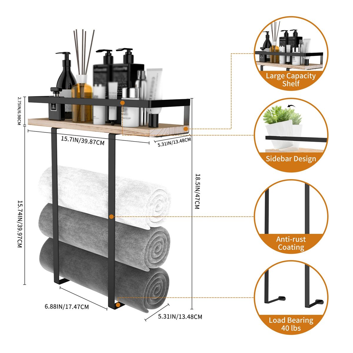 ATURE - Estante Organizador Para Toallas De Pared Baño Con Repisa