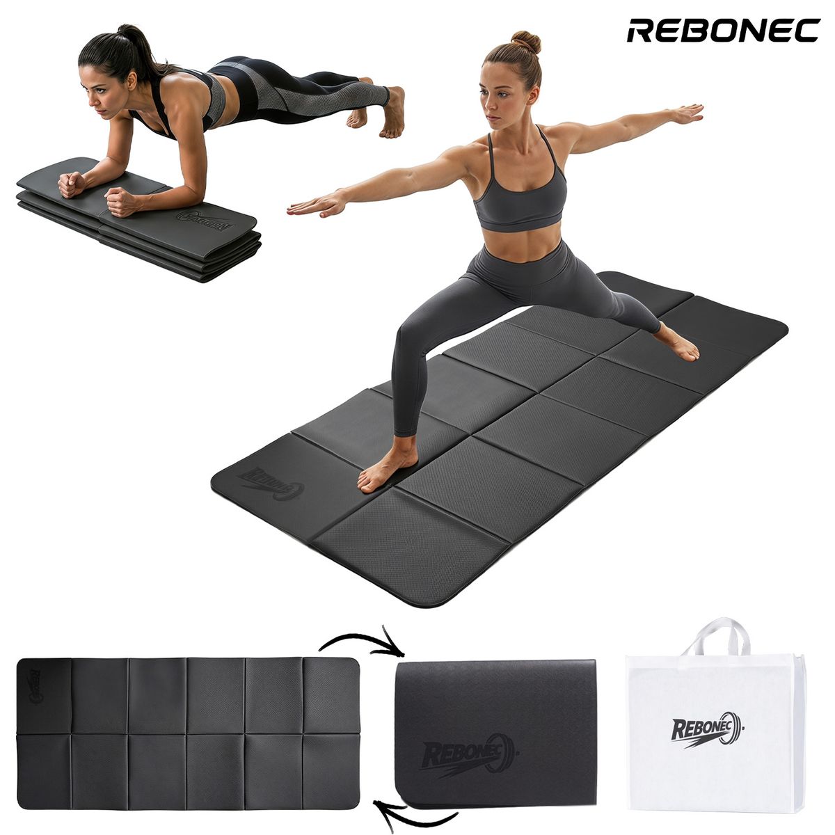 REBONEC - Colchoneta Mat Yoga Deportiva Plegable TPE Grueso 8mm Bolso Negro