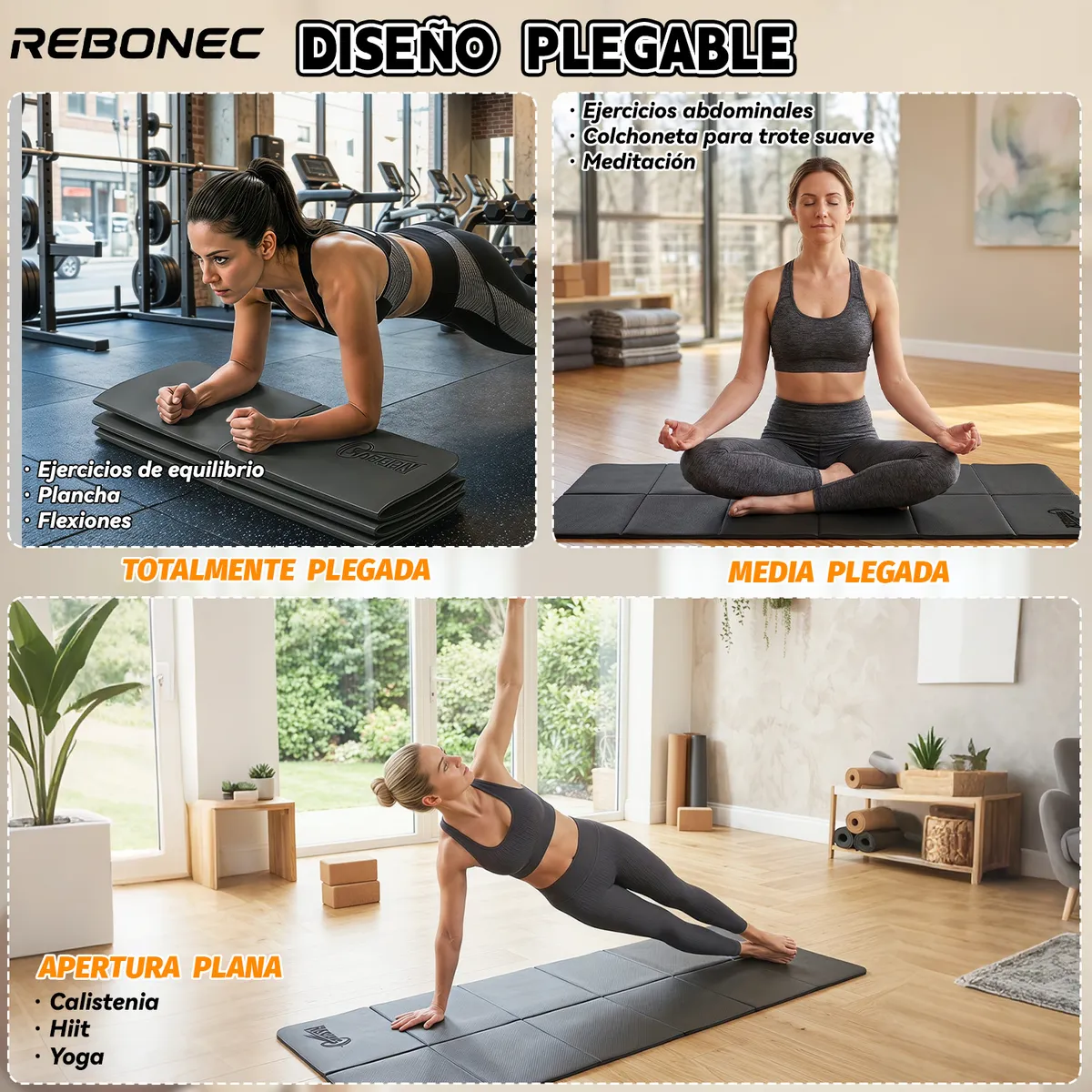 REBONEC - Colchoneta Mat Yoga Deportiva Plegable TPE Grueso 8mm Bolso Negro