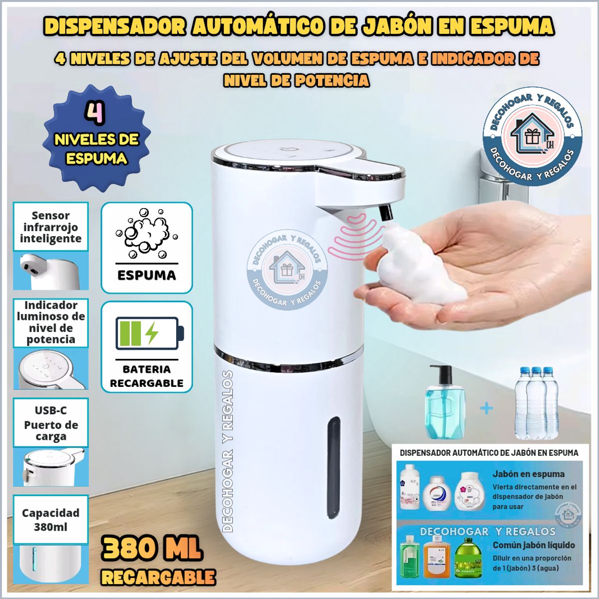 GENERICO - Dispensador Automático de Jabón en Espuma Con Sensor de 380ML, Recargable