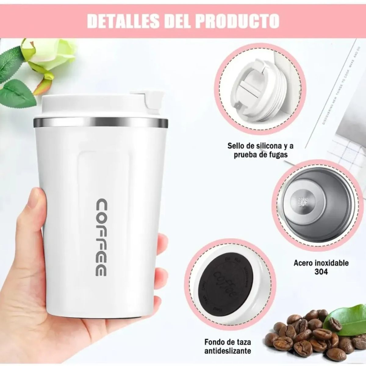 GENERICO - Termo Mug Café Vaso Térmico Portátil 380ml Acero Inoxidable Color Blanco