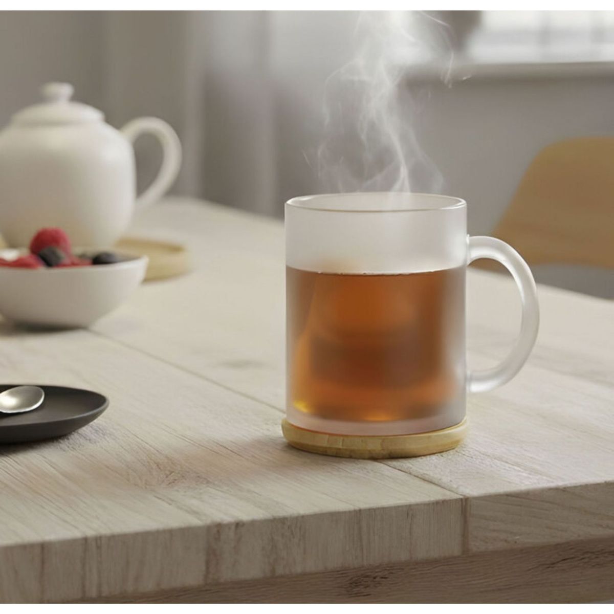 GENERICO - Taza De Vidrio Grande Tapa Bambú Frost 350ml - Magui