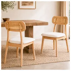 NOVAHUS - Pack 2 Sillas Lira Madera, Ratán PE y Asiento Tapizado Beige