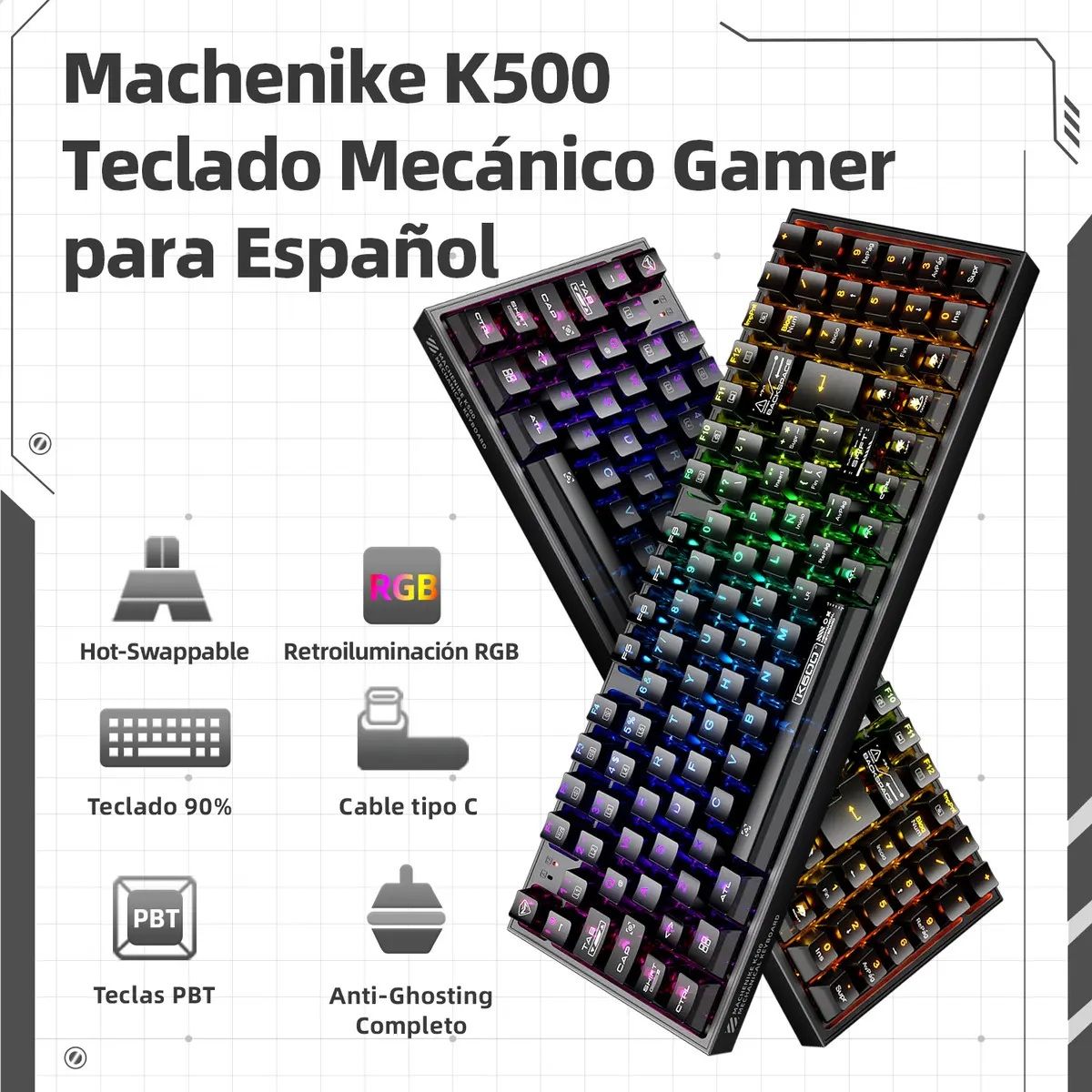 MACHENIKE - Teclado Mecanico Gamer Machenike K500-b94 Rgb100 % Antighosting Hotswap