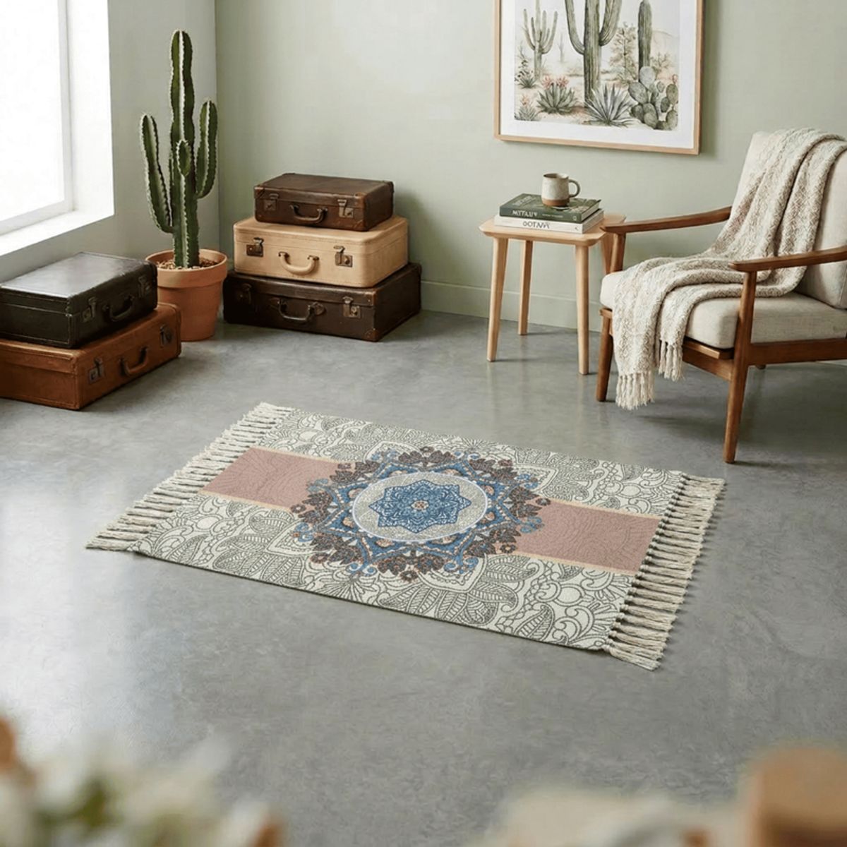 GENERICO - Bajada De Cama Kilim 60cm x 90cm Tejidas En Algodón Con Flecos Estampada
