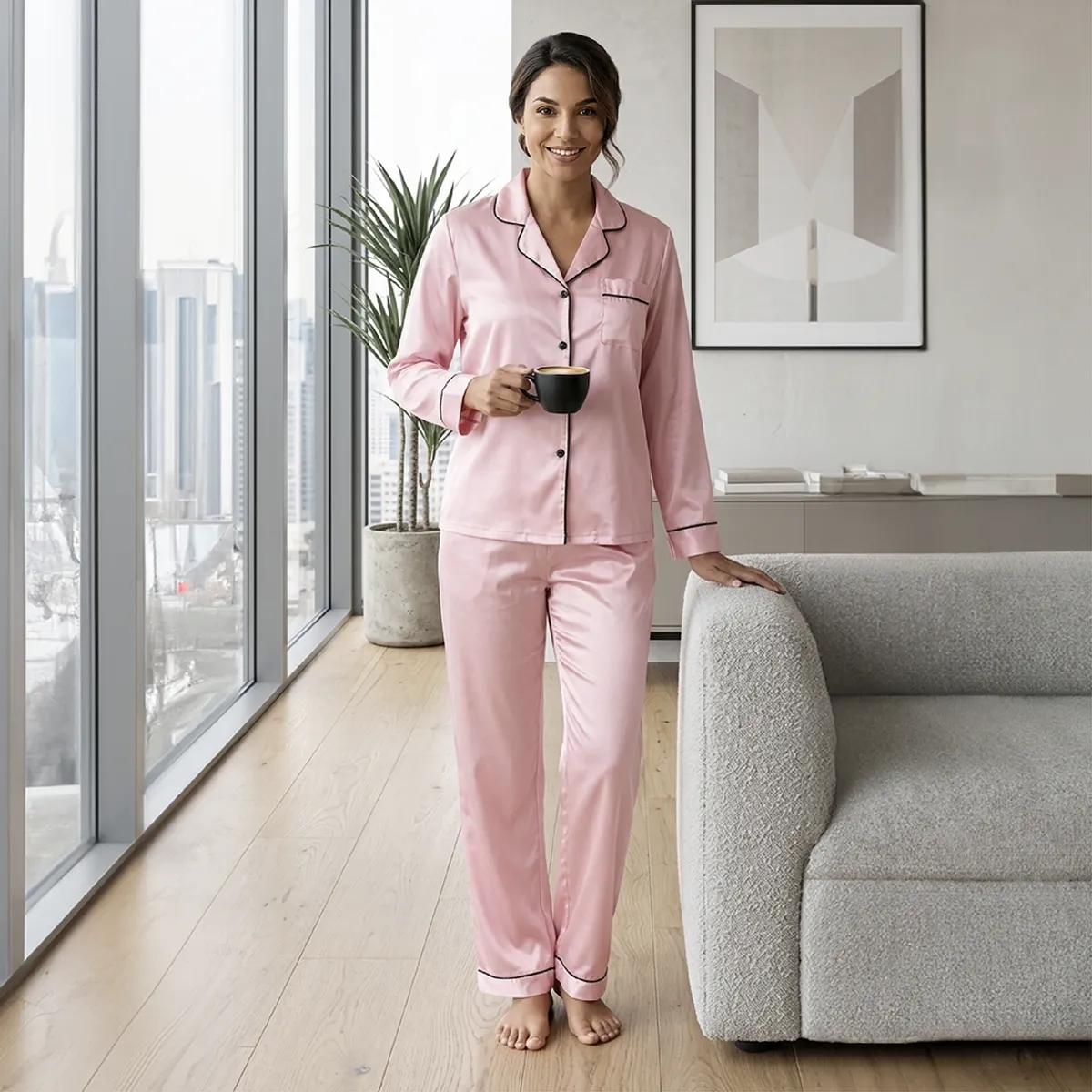 AZ AURAZEUS - Pijama De Saten Mujer 2 Piezas Set Camisa Y Pantalon Suave Boton Rosa
