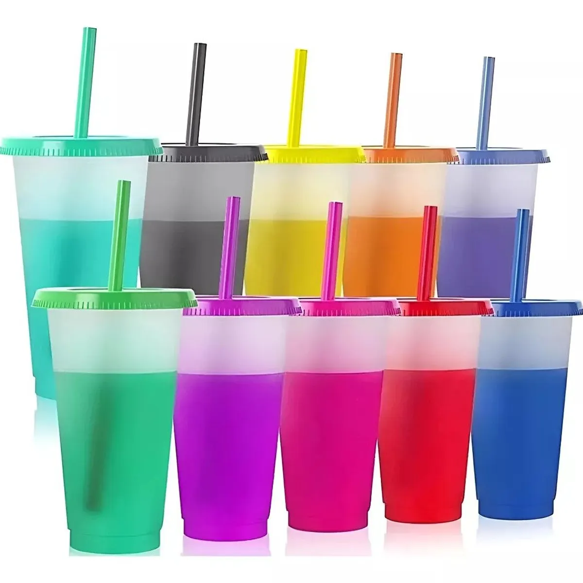 GENERICO - Vasos Magicos Cambian De Color Con Tapa Y Popote 710ml 10pzs