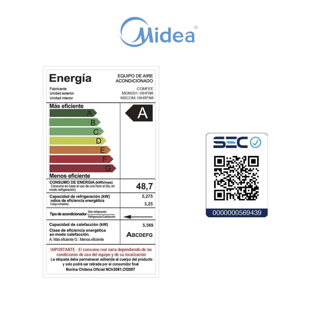 Aire Acondicionado Midea 18.000 BTU - Inverter Comfee, marca MIDEA - Foto 2