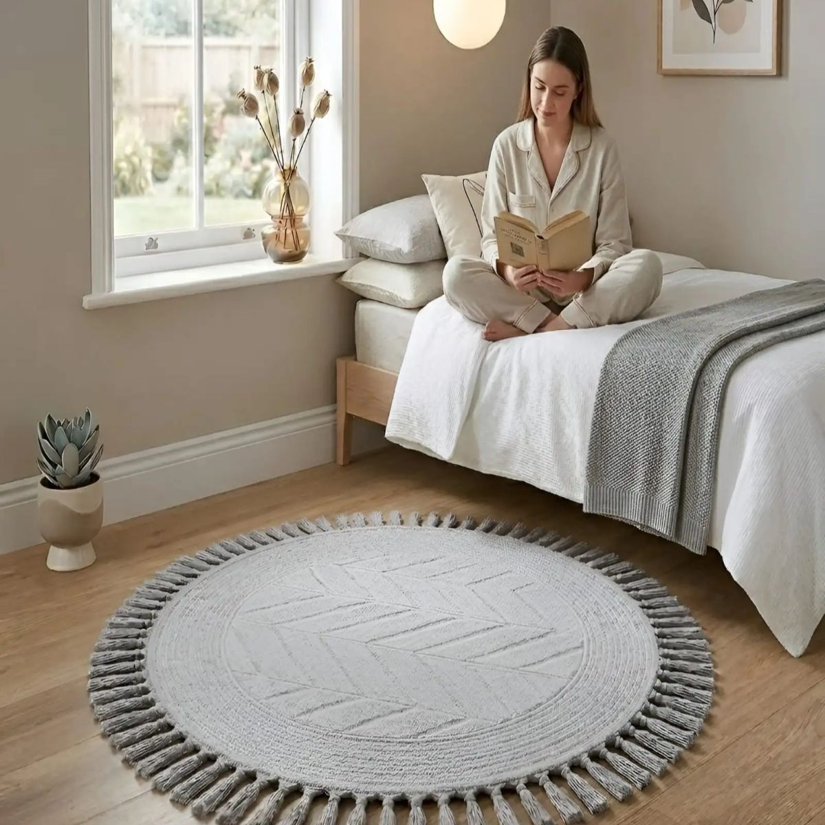 GENERICO - Alfombra Redonda Con Flecos 80cm Diámetro Diseño Boho