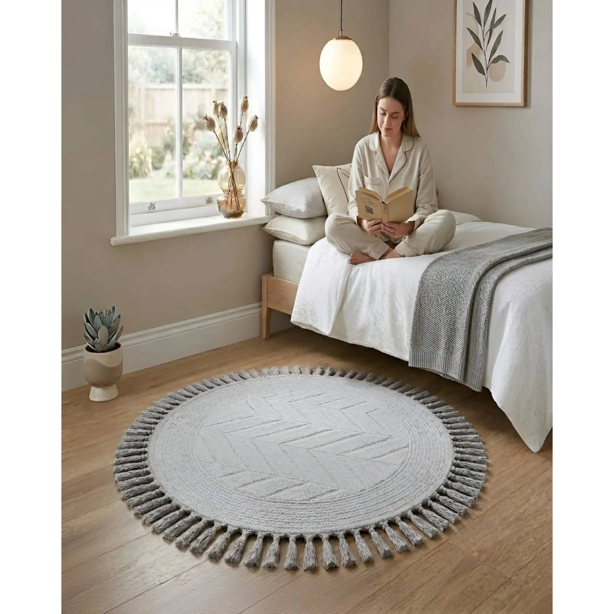 GENERICO - Alfombra Redonda Con Flecos 80cm Diámetro Diseño Boho
