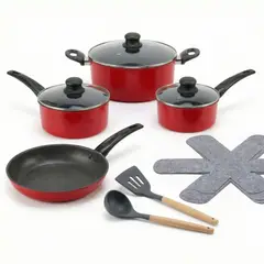 RHOMIE - Batería de Cocina de Acero al Carbono 12 Piezas Antiadherente Rojo