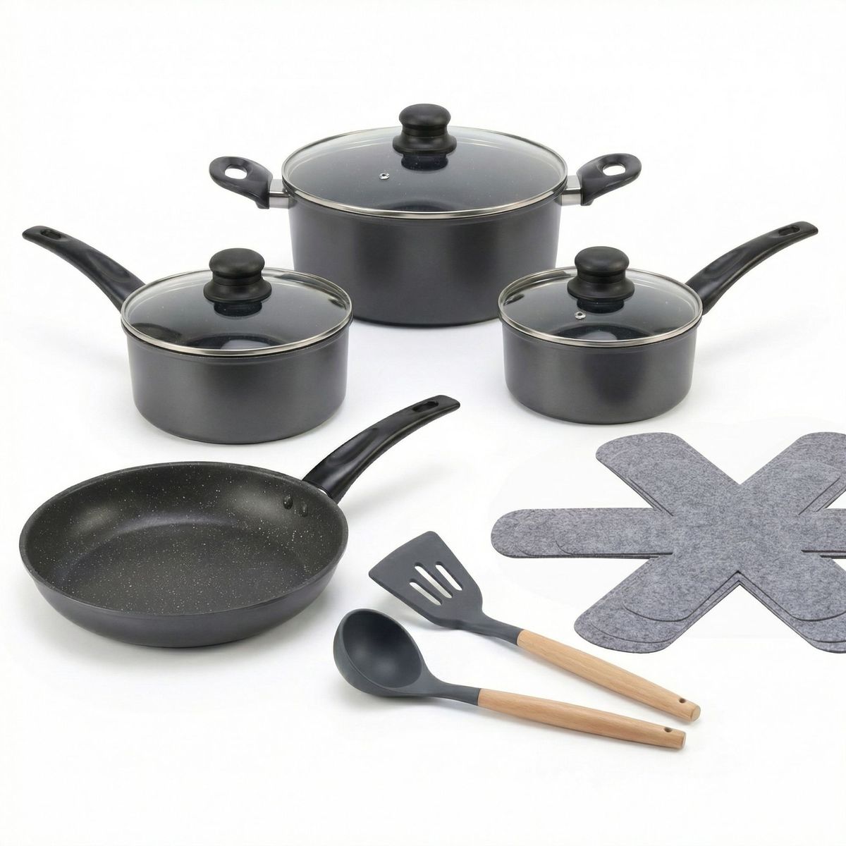 RHOMIE - Batería de Cocina de Acero al Carbono Rhomie 12 Piezas Antiadherente Gris