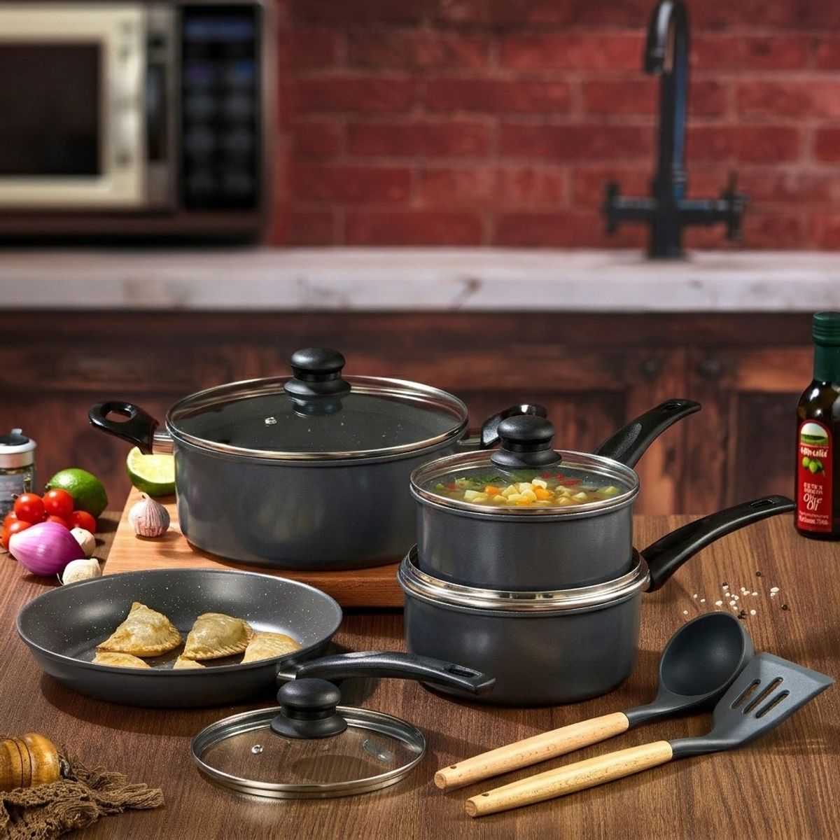 RHOMIE - Batería de Cocina de Acero al Carbono Rhomie 12 Piezas Antiadherente Gris