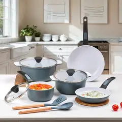 RHOMIE - Batería de Cocina de Aluminio Fundido 10 Piezas Base 4mm Gris