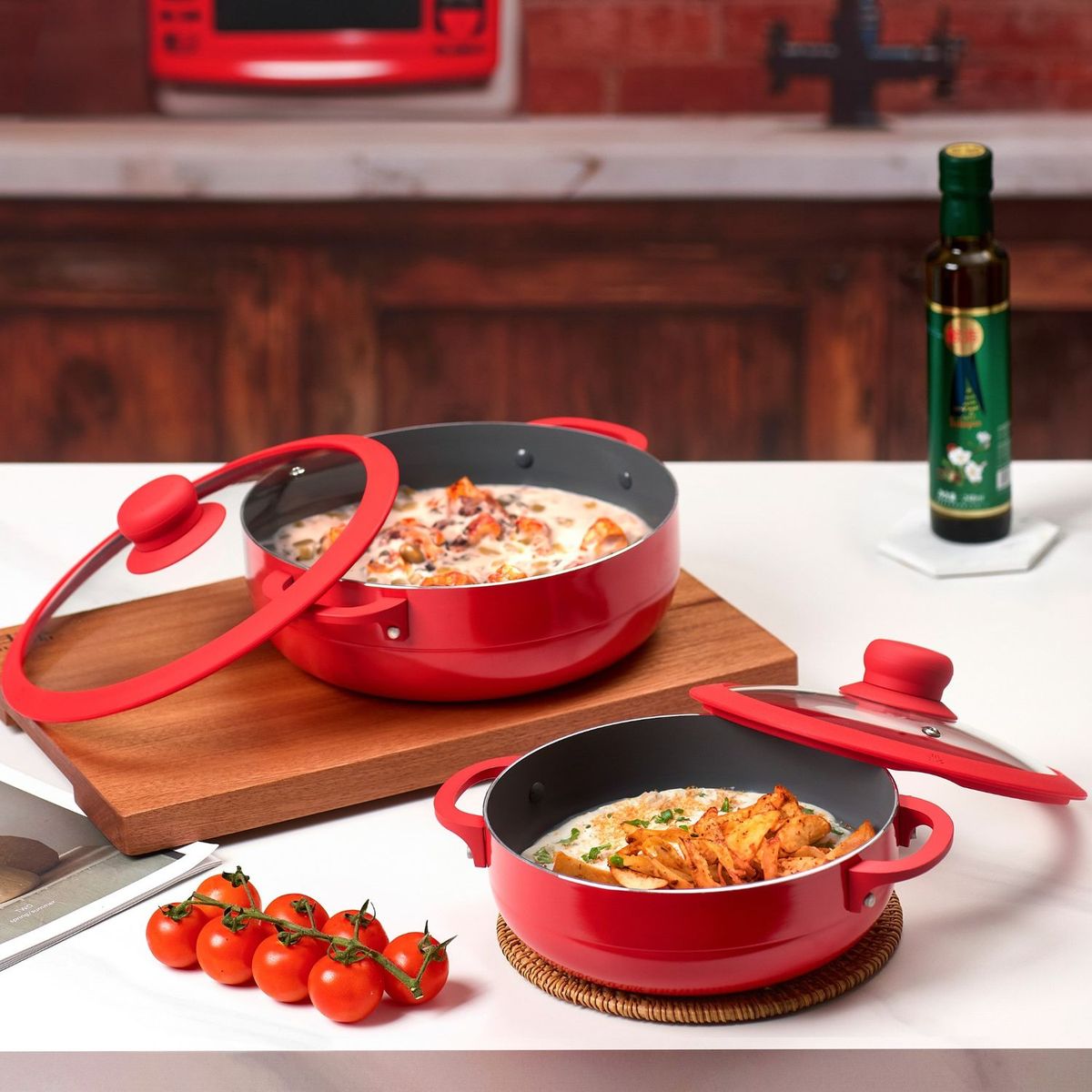 RHOMIE - Juego de Calderos de Aluminio 4 Piezas con Tapa de Silicona Rojo