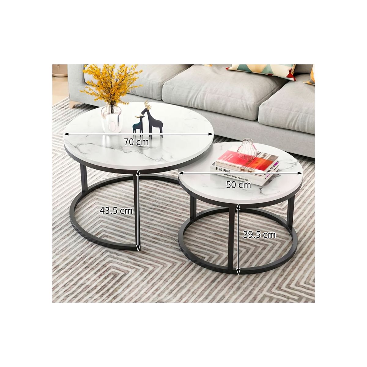 GENERICO - Set de 2 Mesas de Centro Redondas Nido Blanco y Negro 70cm x 43.5 cm - 50cm x 39.5.