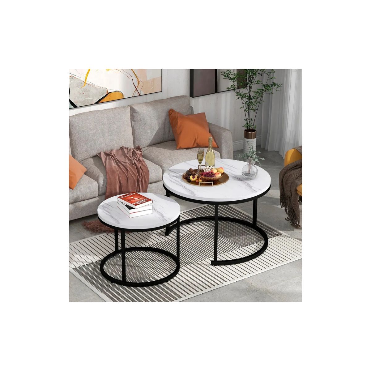 GENERICO - Set de 2 Mesas de Centro Redondas Nido Blanco y Negro 70cm x 43.5 cm - 50cm x 39.5