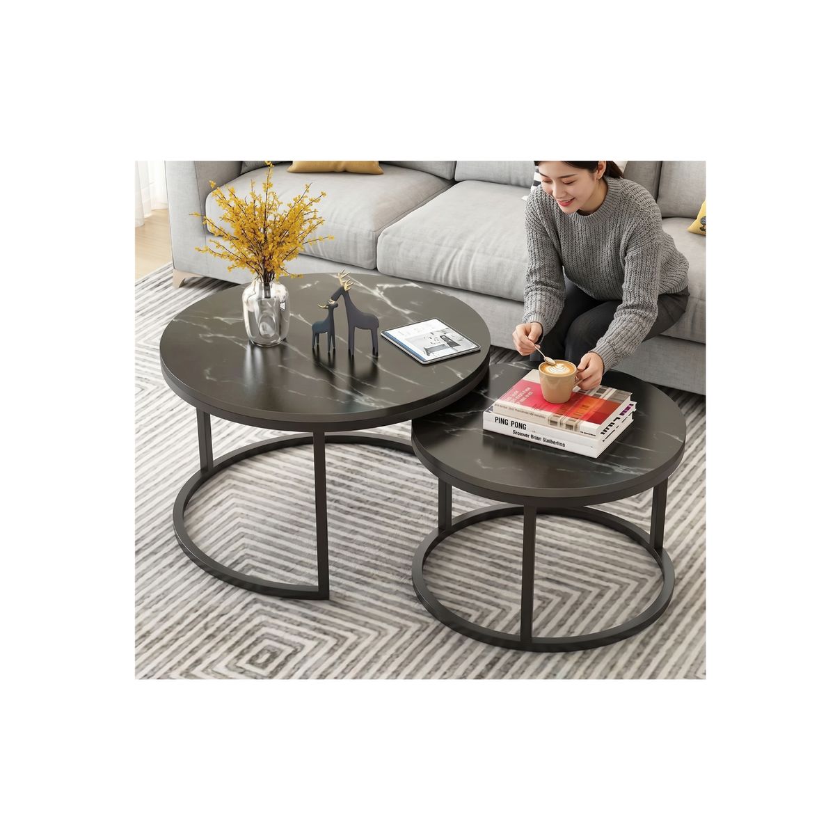 GENERICO - Set de 2 Mesas de Centro Redondas Nido Negro 70cm x 43.5 cm - 50cm x 39.5