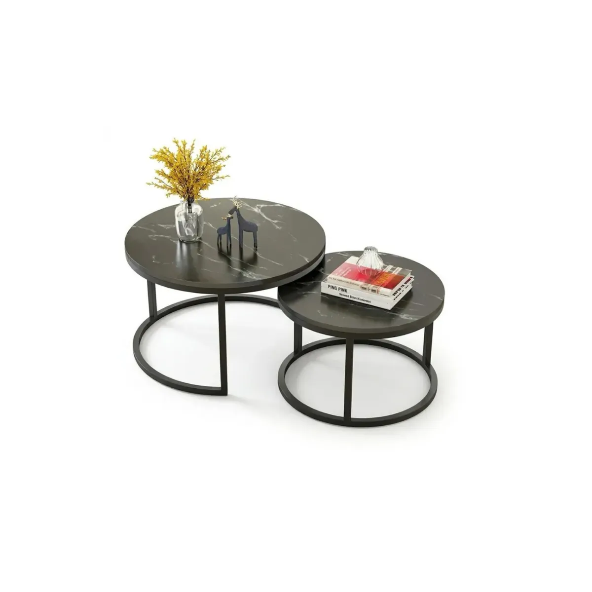 GENERICO - Set de 2 Mesas de Centro Redondas Nido Negro 70cm x 43.5 cm - 50cm x 39.5