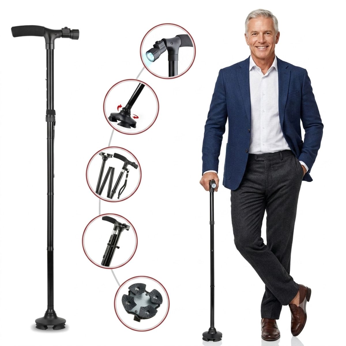 MOVI - Bastón Ortopédico Plegable Con Luz Led Y Base Cuádruple Ajustable Negro