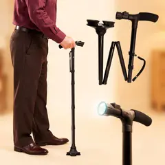 MOVI - Bastón Ortopédico Base Cuádruple Luz Led Plegable Adulto Mayor
