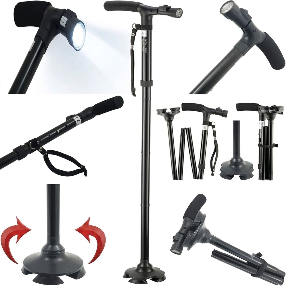 MOVI - Bastón Ortopédico Plegable Con Luz Led Y Base Cuádruple Ajustable Negro