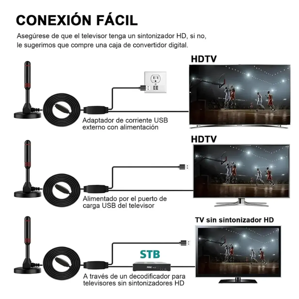 GENERICO - Antena Tv Digital Hd Amplificador señal Abierta Interior Exterior Negro