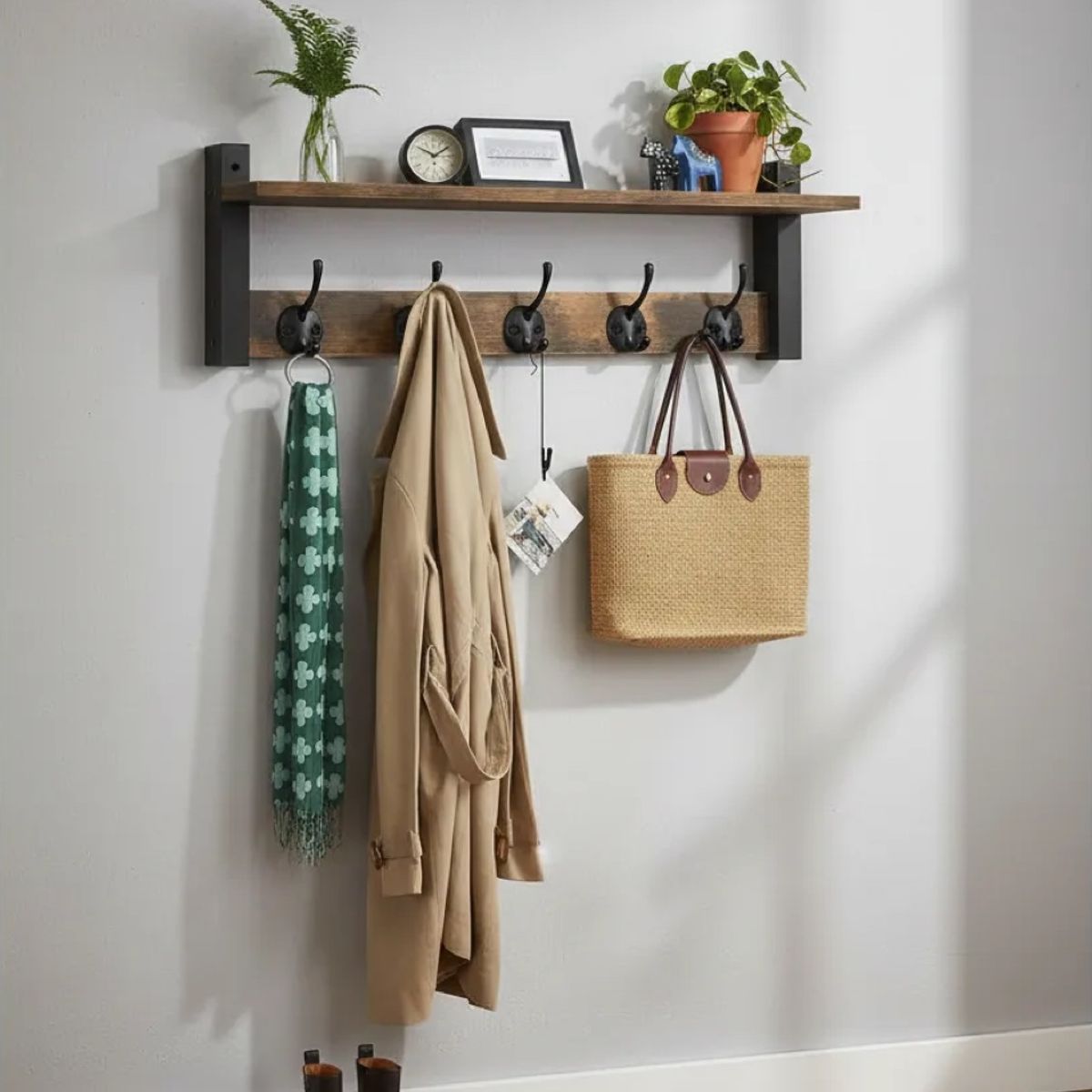 GENERICO - Perchero de Pared Multifuncional con Repisa de Madera y 5 Ganchos