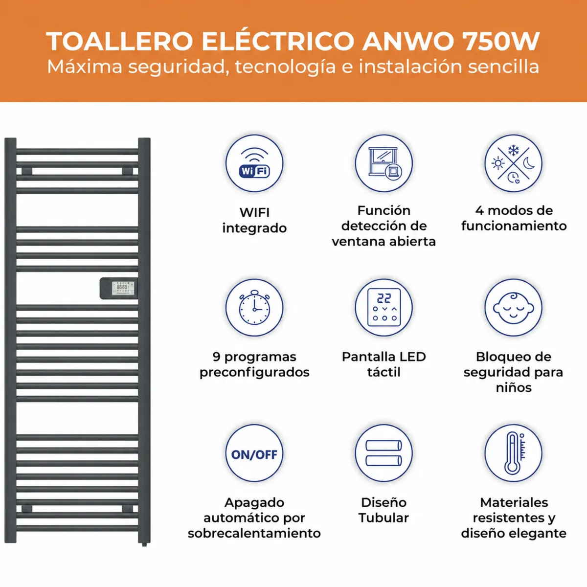 ANWO - Secador de Toallas Electrico Tubular Gris de 750W Con Wifi Anwo