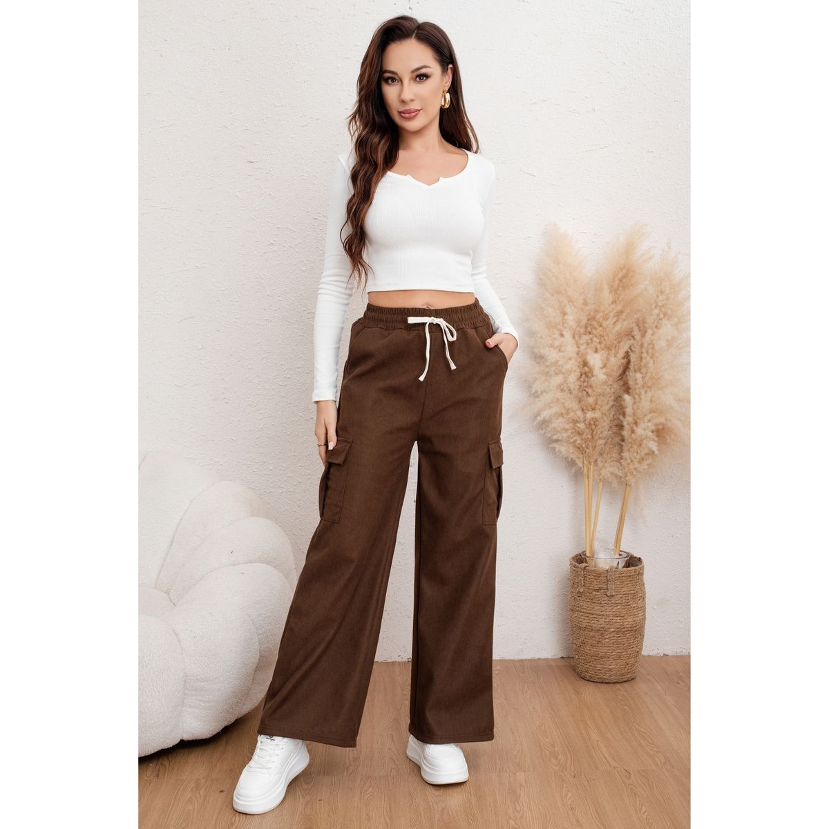 LIKE SHOP - Pantalón Mujer Cotelé Forro Interior Polar Bolsillos Cargo 7165