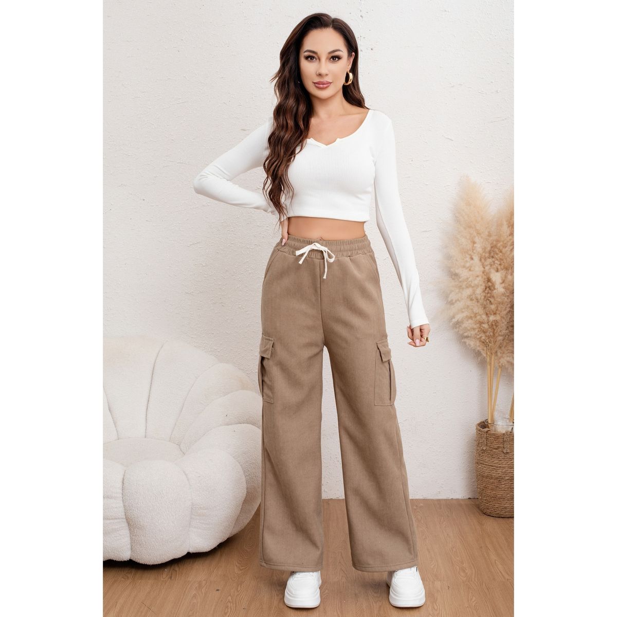 LIKE SHOP - Pantalón Mujer Cotelé Forro Interior Polar Bolsillos Cargo 7165