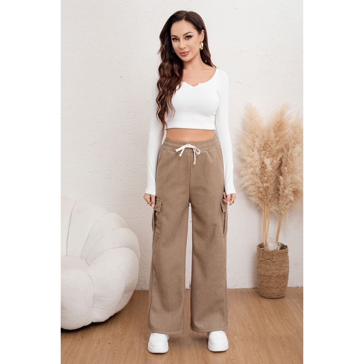 LIKE SHOP - Pantalón Mujer Cotelé Forro Interior Polar Bolsillos Cargo 7165