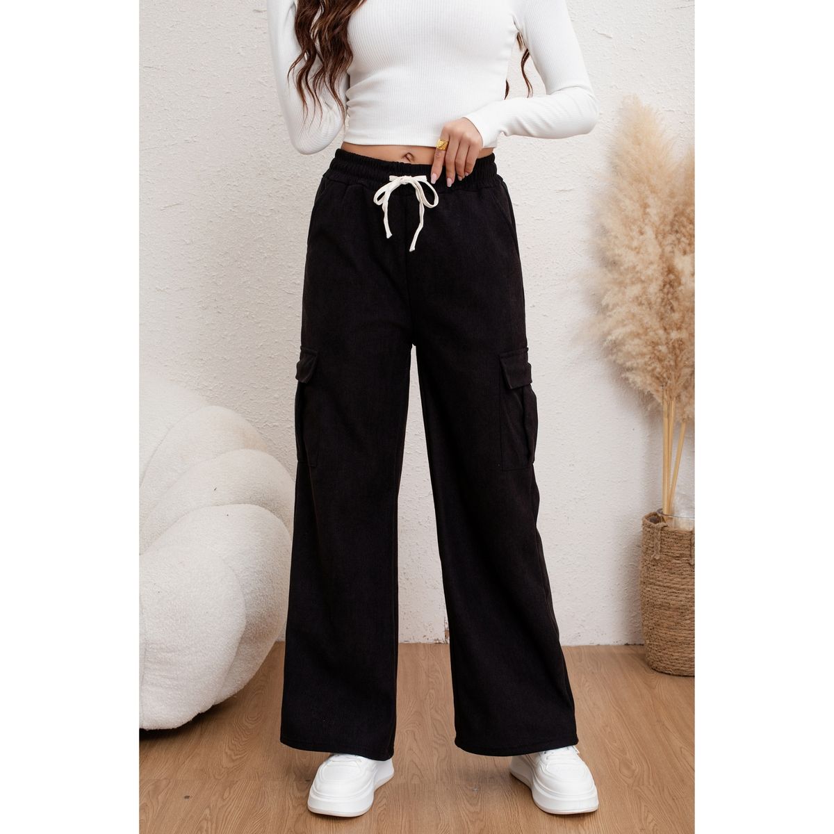 LIKE SHOP - Pantalón Mujer Cotelé Forro Interior Polar Bolsillos Cargo 7165