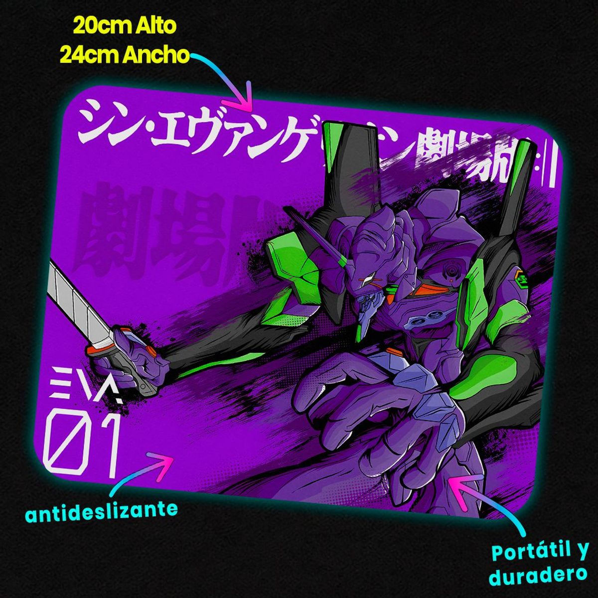 GENERICO - Mousepad 20x24 cm - Diseño Evangelion Unit-01 Neon Strike