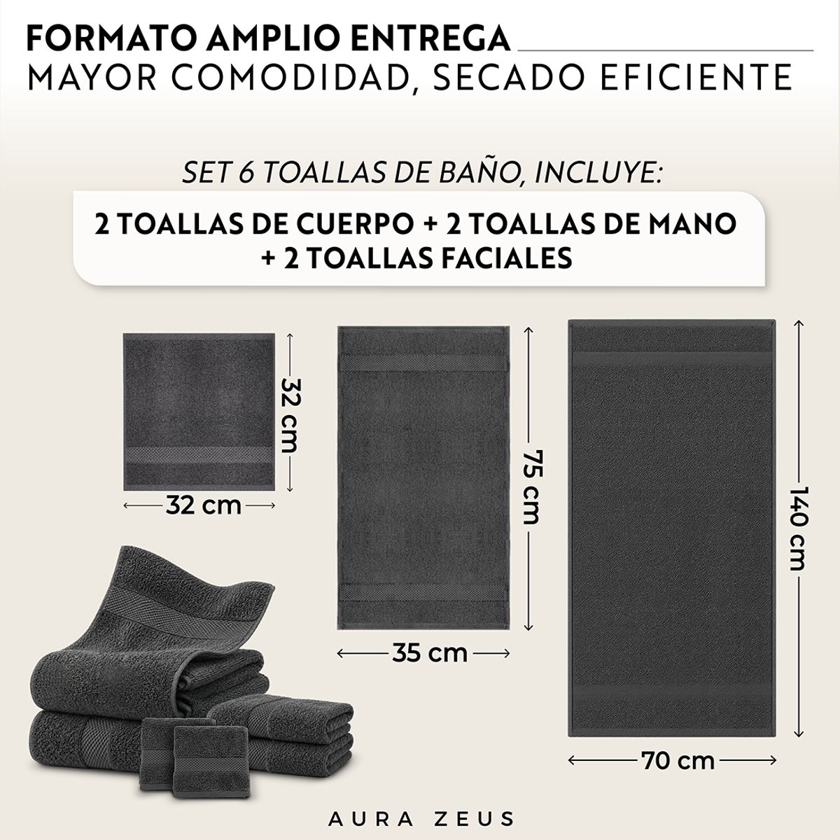 AZ AURAZEUS - Set De 6 Toallas De Baño Algodon 600gr/m2 Cuerpo Mano Grande Az Gris