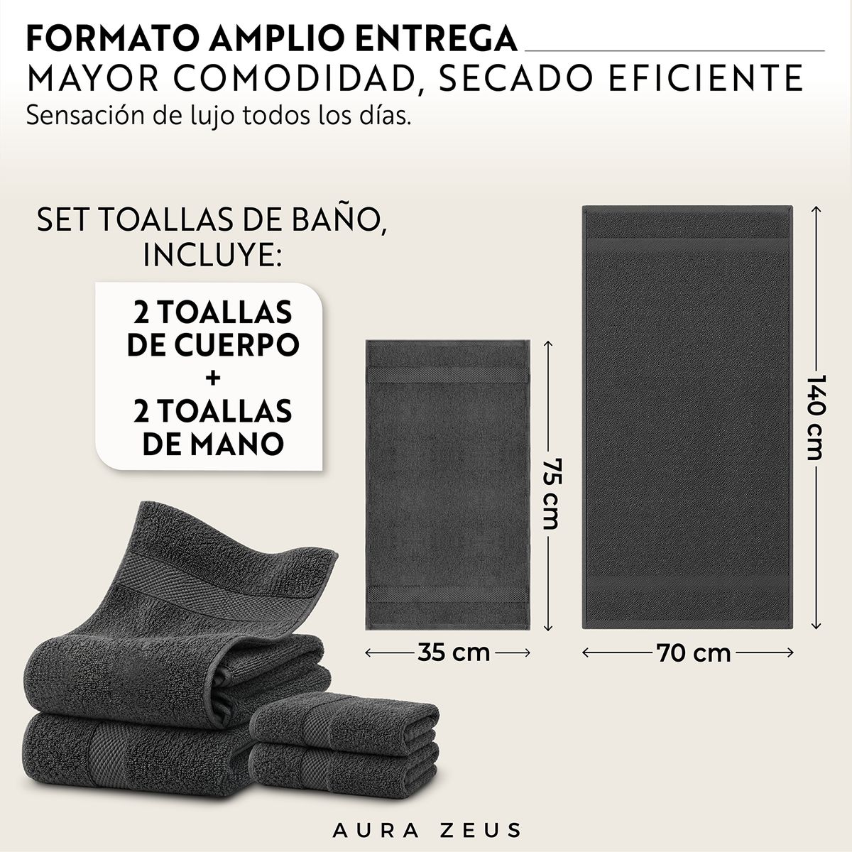 AZ AURAZEUS - Set De 4 Toallas De Baño Algodon 600gr/m2 Cuerpo Mano Grande Az Gris