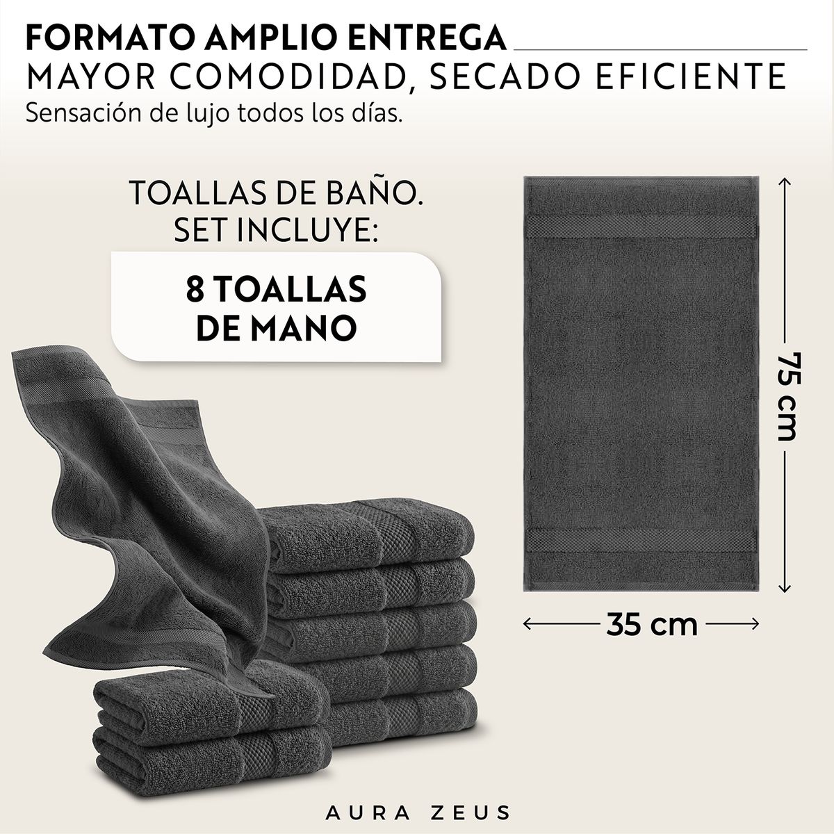 AZ AURAZEUS - Juego De 8 Toallas De Mano 75x35 Cm Algodon 600gr/m2 Baño Set Az Gris