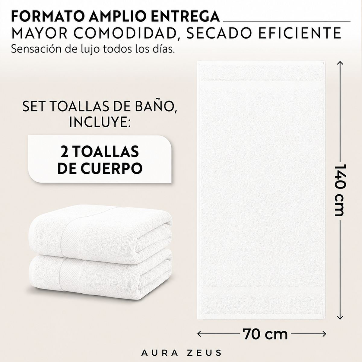AZ AURAZEUS - Set De 2 Toallas De Baño 140x70 Cm Algodon 600gr/m2 Grandes Az Blanco