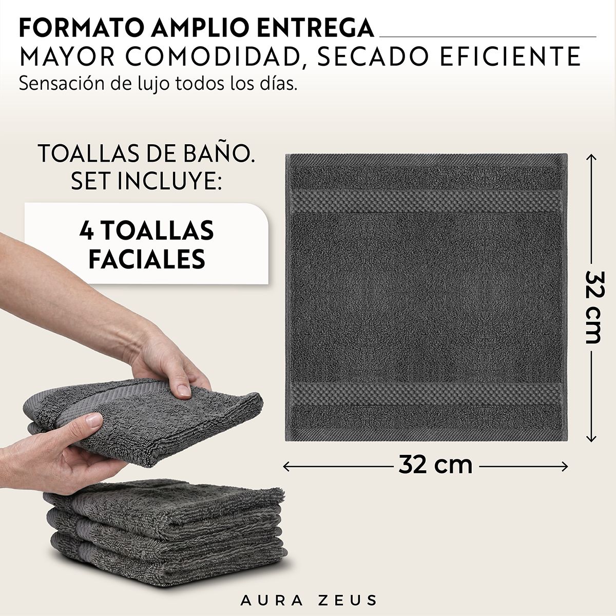 AZ AURAZEUS - Juego De 4 Toallas Faciales 32x32cm Algodon 600gr/m2 Set Baño Az Gris