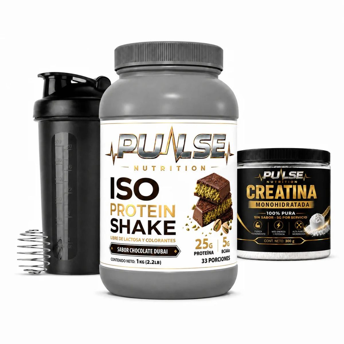 PULSE - PACK PROTEINA ISO SHAKE 2.2LB CHOCOLATE DUBAI + CREATINA SIN SABOR 300GR + SHAKER - PULSE NUTRITION