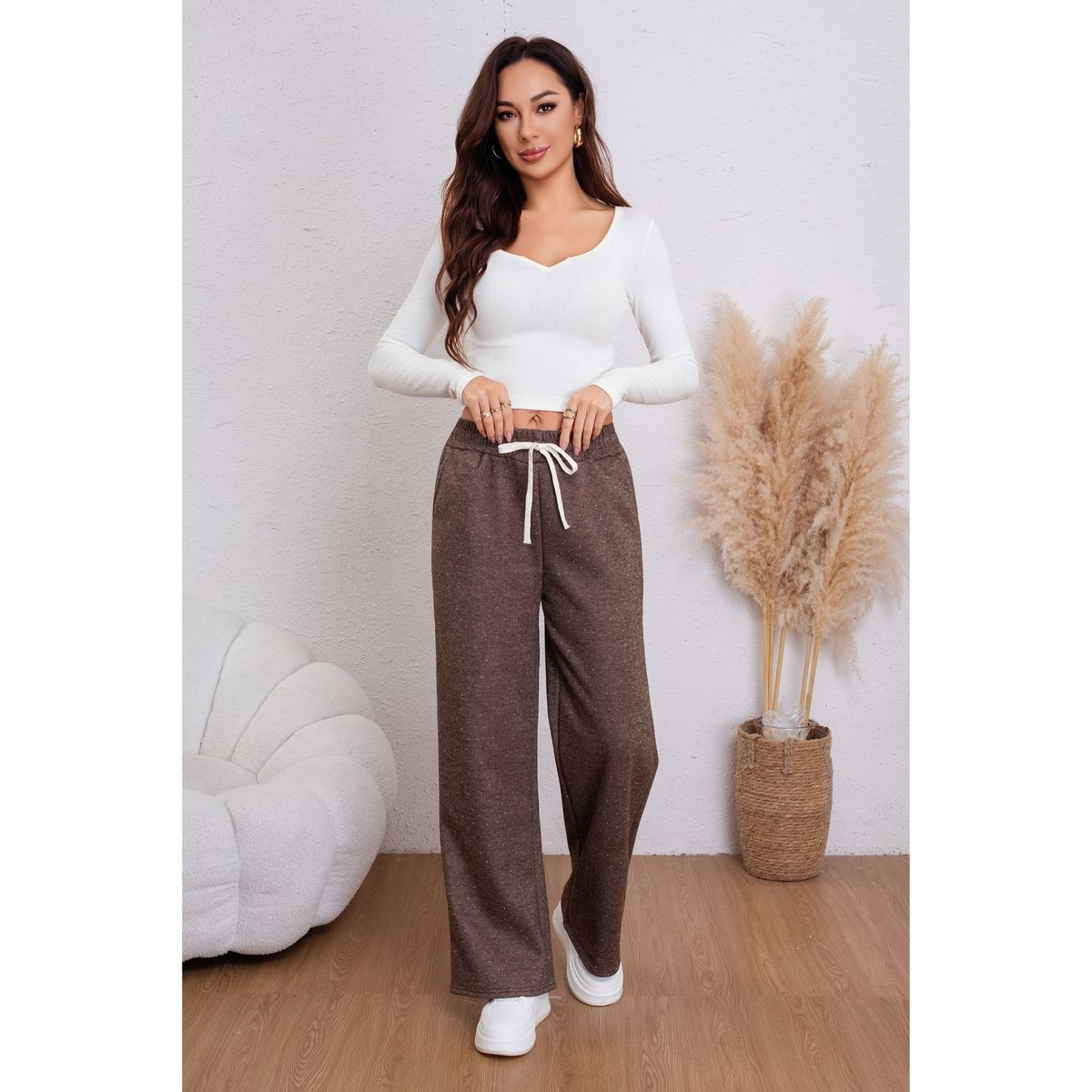 LIKE SHOP - Pantalón Buzo Mujer Ancho Forro Interior Polar Con Brillos 0003
