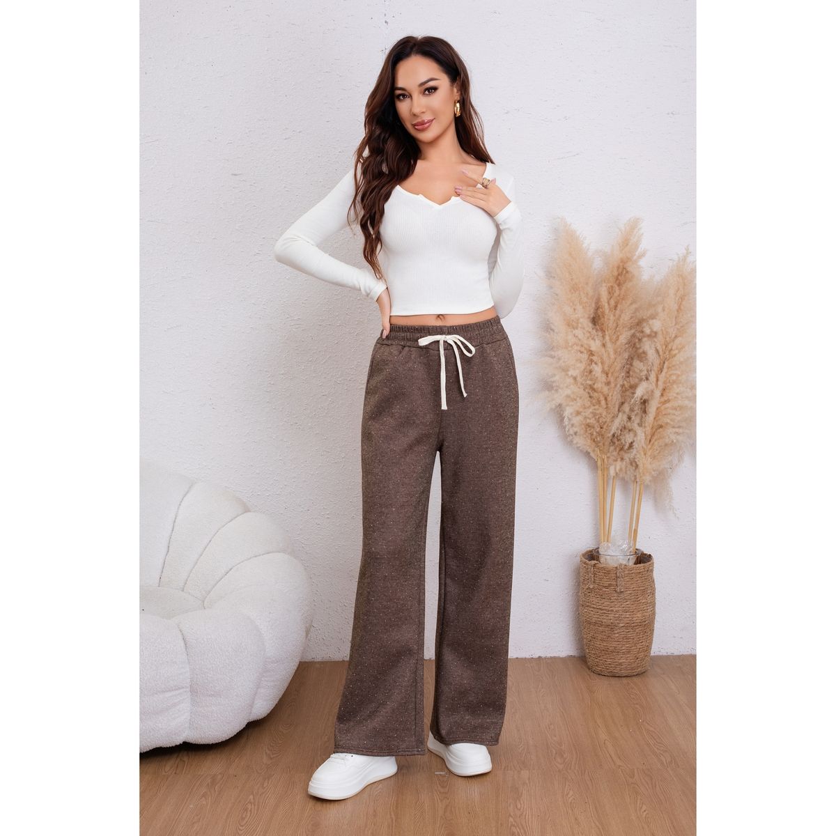 LIKE SHOP - Pantalón Buzo Mujer Ancho Forro Interior Polar Con Brillos 0003