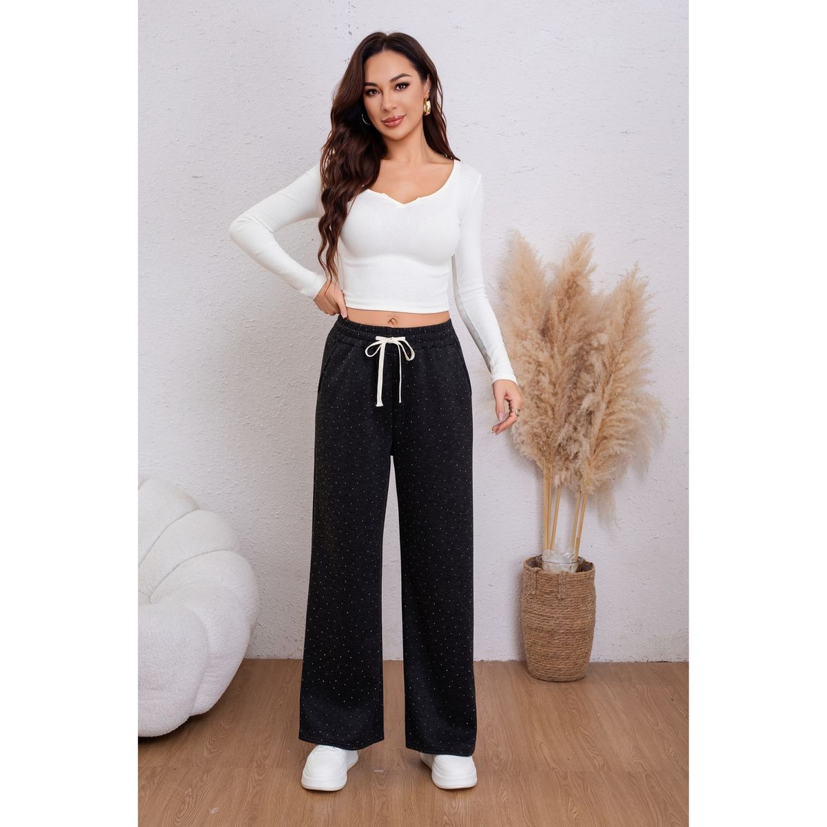 LIKE SHOP - Pantalón Buzo Mujer Ancho Forro Interior Polar Con Brillos 0003