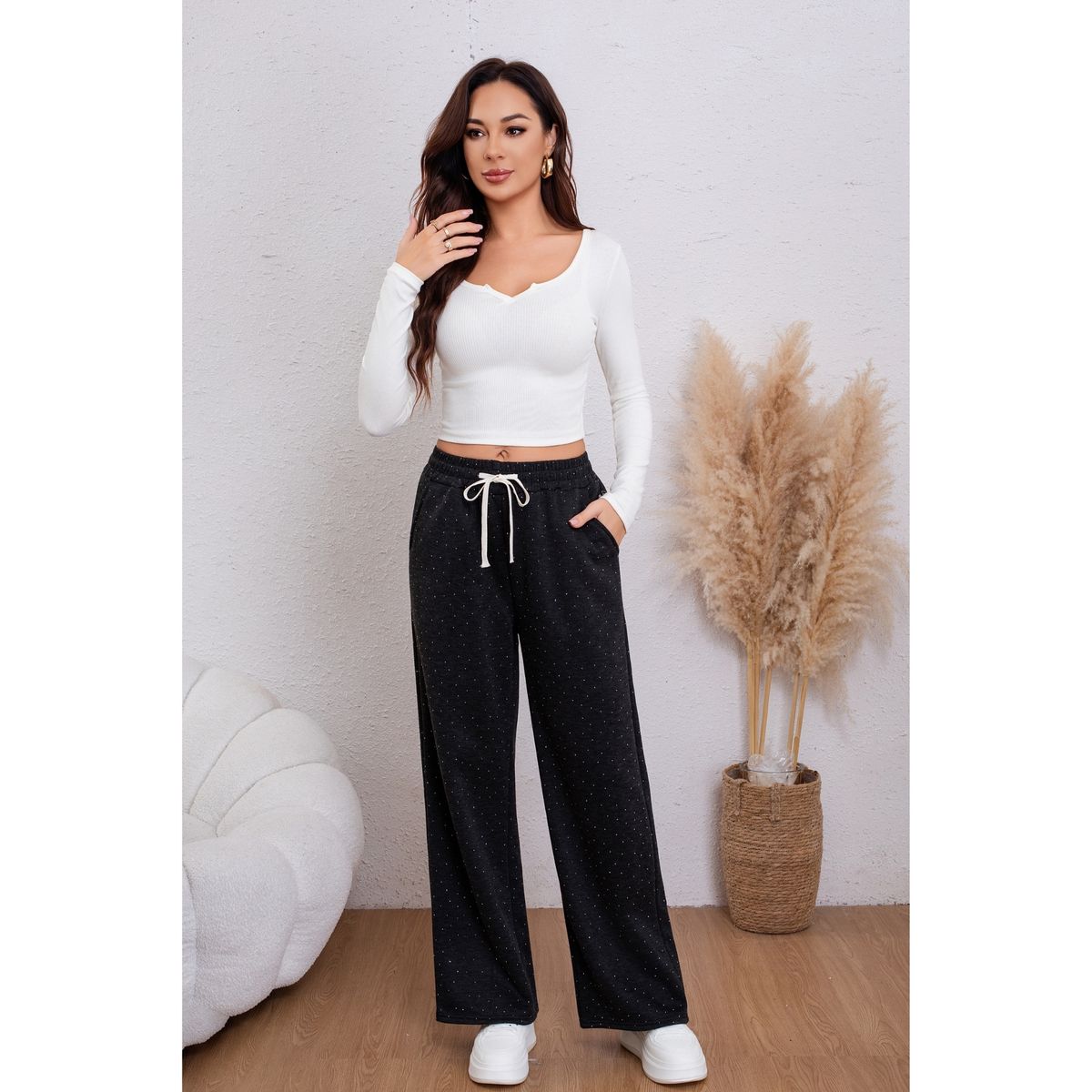 LIKE SHOP - Pantalón Buzo Mujer Ancho Forro Interior Polar Con Brillos 0003